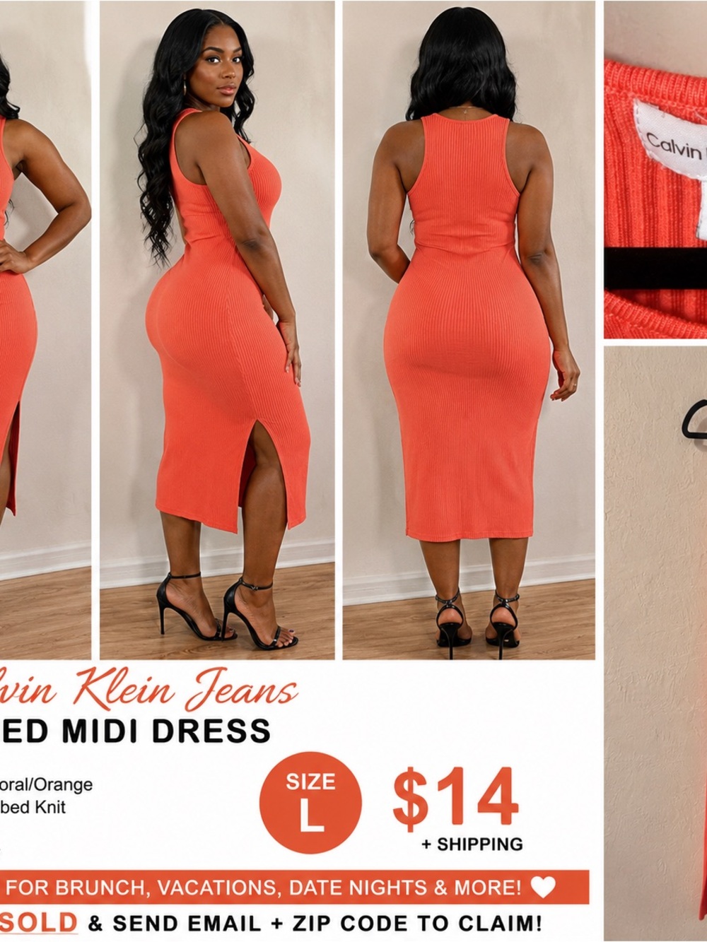 Calvin Klein Jeans Coral-Orange Ribbed Midi Dress
